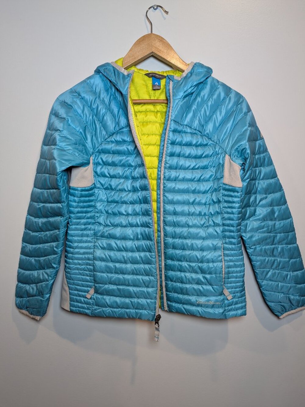 EDDIE BAUER KID'S SIZE L (12) GOOSE DOWN PUFFER JACKET TEAL/LIME GREEN